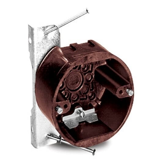 Round Ceiling/Fixture Outlet Box, Volume 20.8 Inches, Diameter 4 Inches, Depth 2-3/8 Inches, Color Brown, Material Phenolic, Mounting Means N Bracket with Nails, with High Clamps