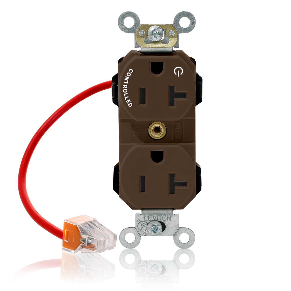 20 Amp, 125 Volt, NEMA 5-20R, 2P, 3W, Lev-Lok Duplex Receptacle, One Marked Controlled Outlet,Straight Blade, Fed Spec,Heavy Duty Industrial Specification Grade,Self-Grounding, Modular Terminals, Steel Strap - BROWN