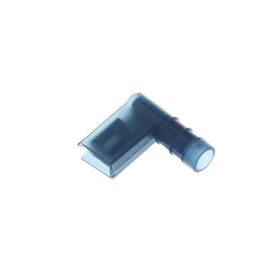 Nylon Insulated Open Top 90 Degree Flag Female Disconnect Terminal, Length .80 Inch, Width .72 Inch, Maximum Insulation .190, Tab Size .250x.032, Wire Range #16-#14 AWG, Color Blue, Brass, Tin Plated, 500 Pack