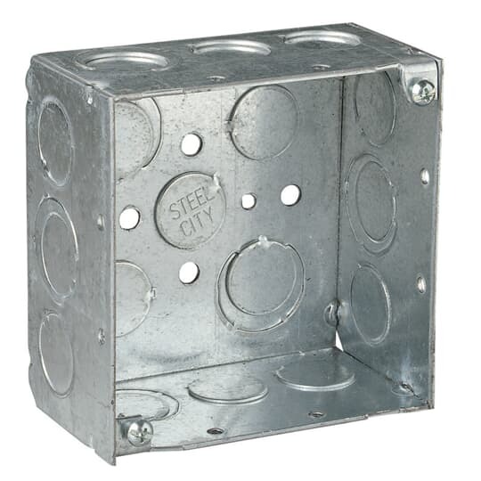 Square Box, 30.3 Cubic Inches, 4 Inch Square x 2-1/8 Inch Deep, 1/2 Inch and 3/4 Inch Eccentric Knockouts, Galvanized Steel, Welded Construction, Ground Bump and Ground Screw, For use with Conduit