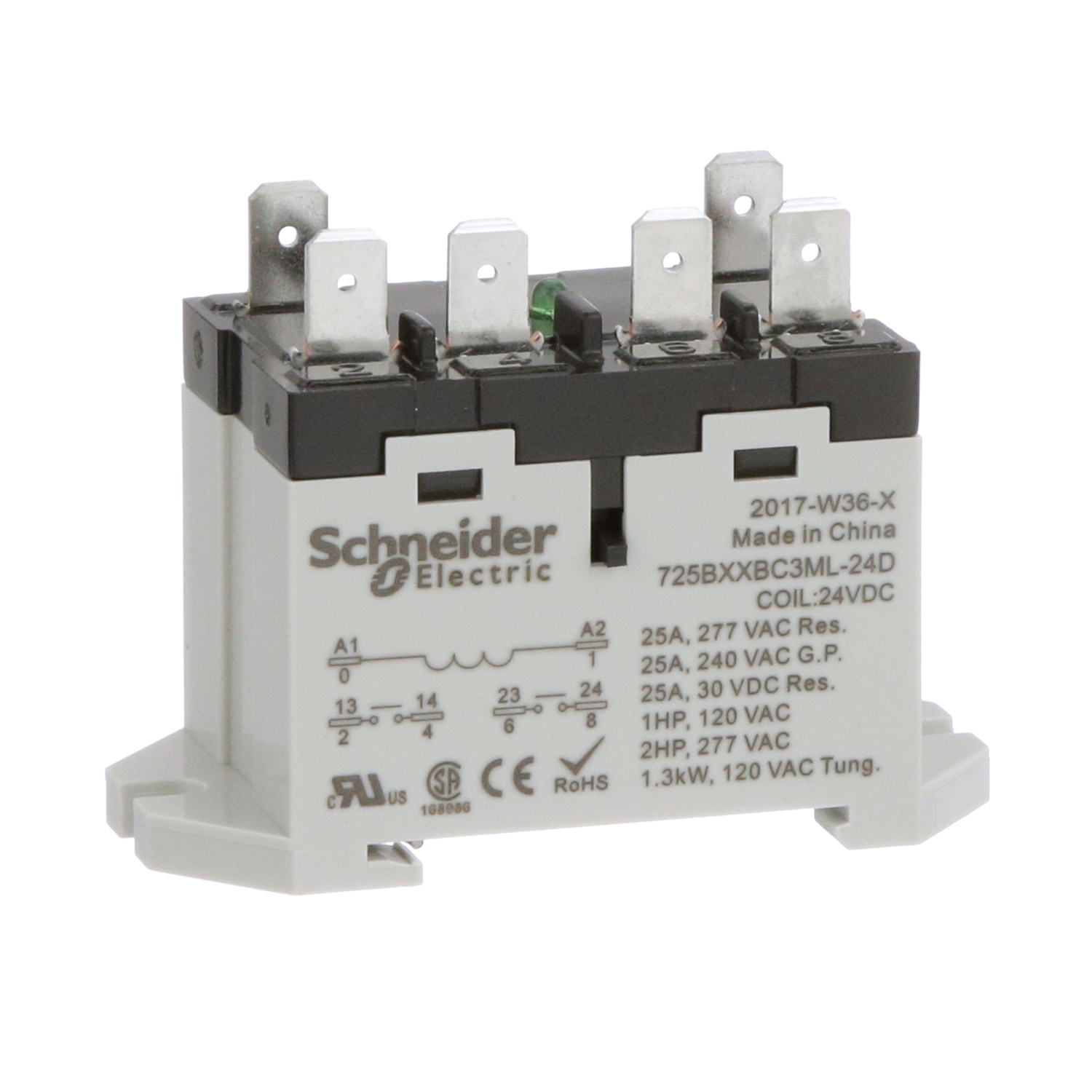 Power relay, SE Relays, 25A, 2NO, 24VDC, LED push button, blade terminals, DIN or panel mount