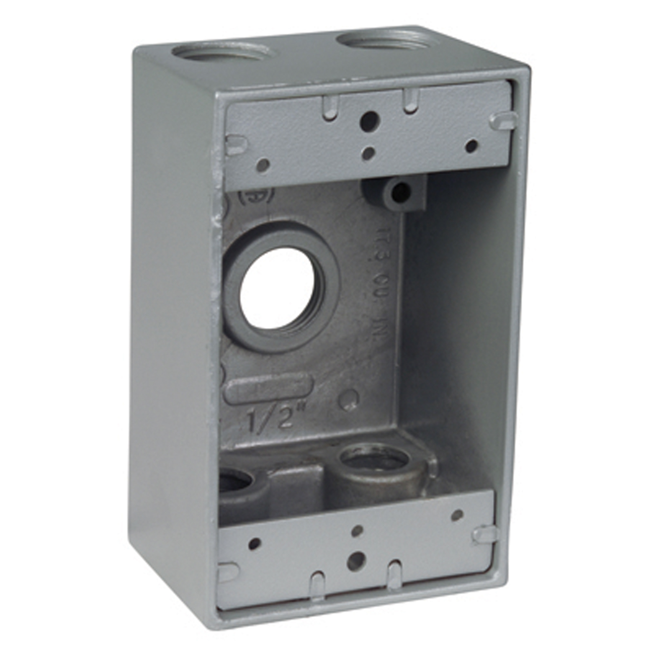 Single Gang Universal Weatherproof Box, 17.3 Cubic Inches, Hub Size 1/2 Inch, Silver, Aluminum, 5 Outlets, Two on Top, and Bottom and One on Back