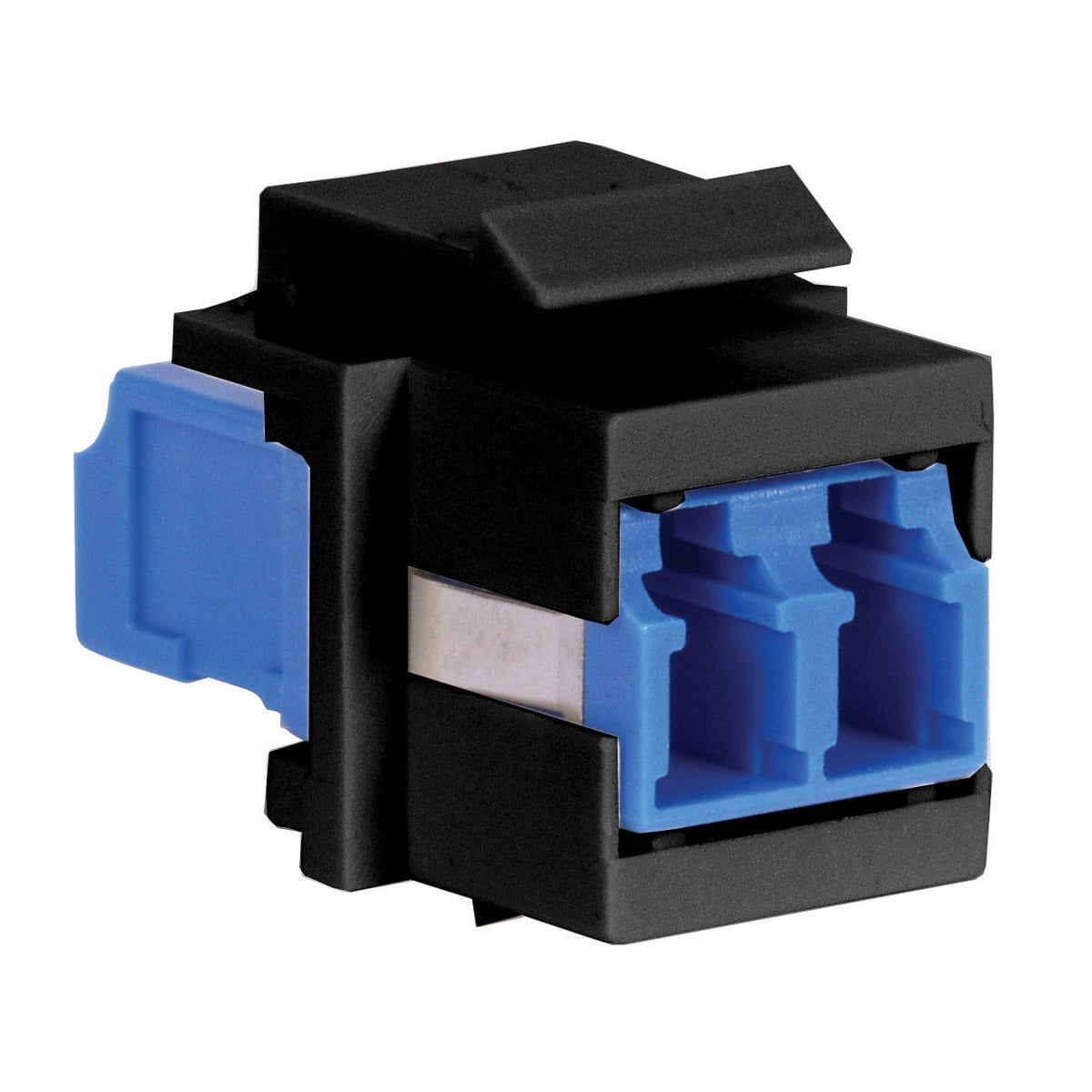 Fiber Optic Connectors, Snap-Fit, Flush, LC-Duplex, Zircon Sleeves, Aqua, Black Housing.