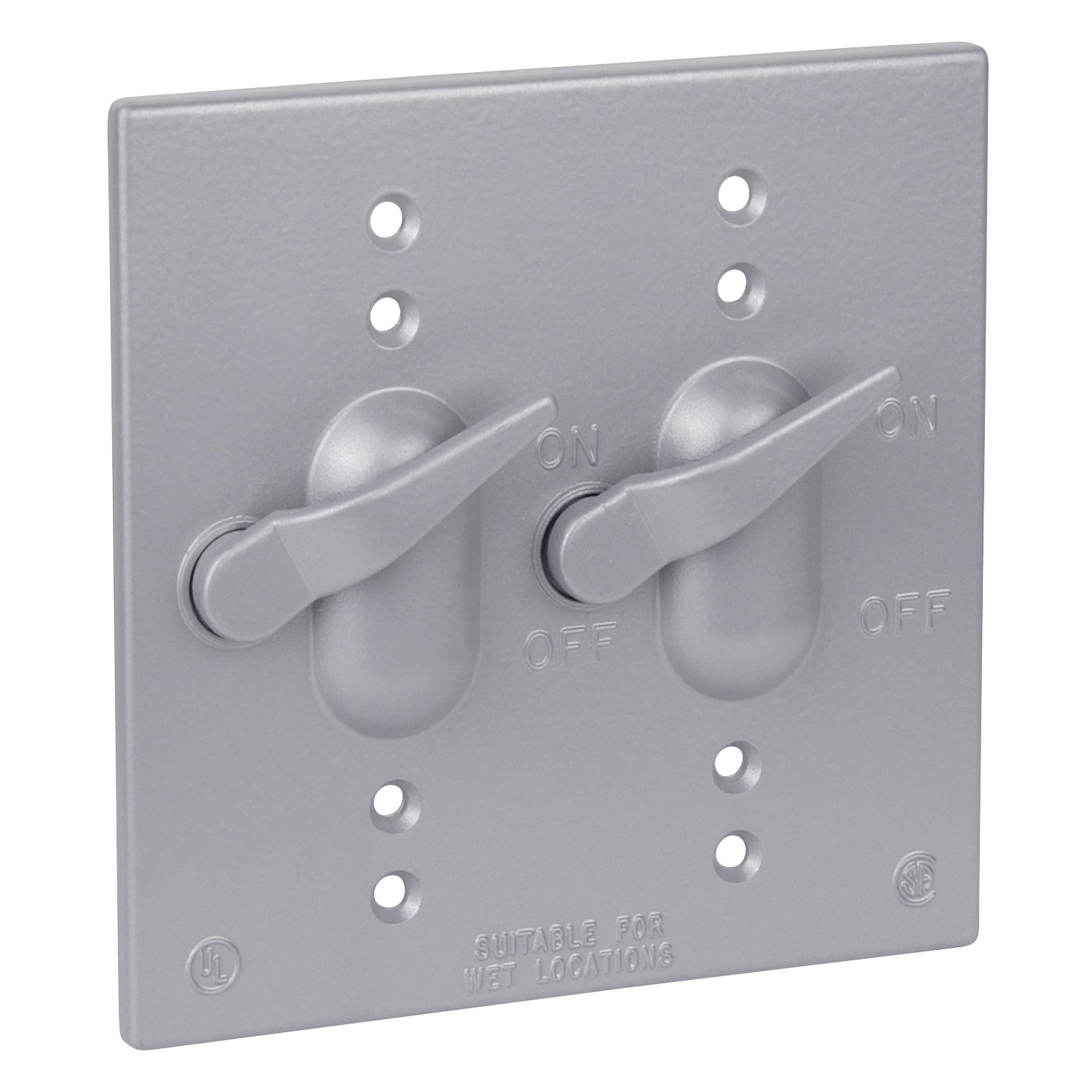 Two Gang Weatherproof Receptacle Cover, Silver, Aluminum, Double Switches, Cover with Two Single-Pole 15A, 125V and Spacers