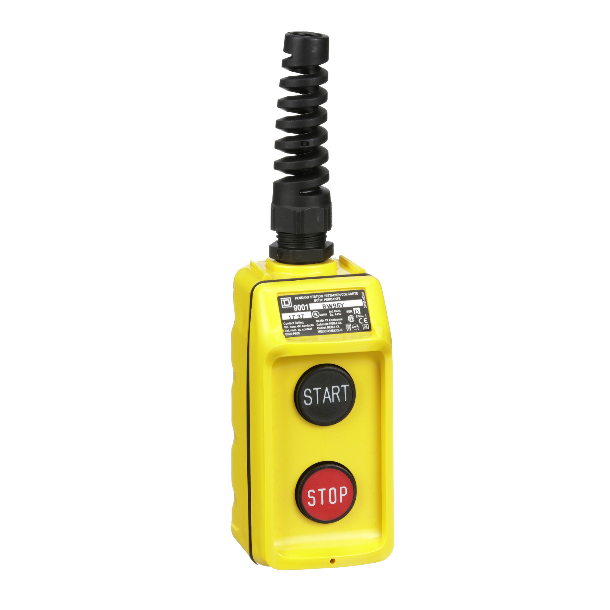 Pendant Station, 2 push buttons, not interlocked, NO contacts, START STOP, yellow enclosure, 600 VAC 5 A