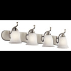 The Camerena(TM) 36in. 4 light vanity light features a traditional style with its gently curled metal accents in Brushed Nickel finish and gorgeous bell shaped white scavo glass. The Camerena(TM) vanity light works in several aesthetic environments, including traditional and modern.