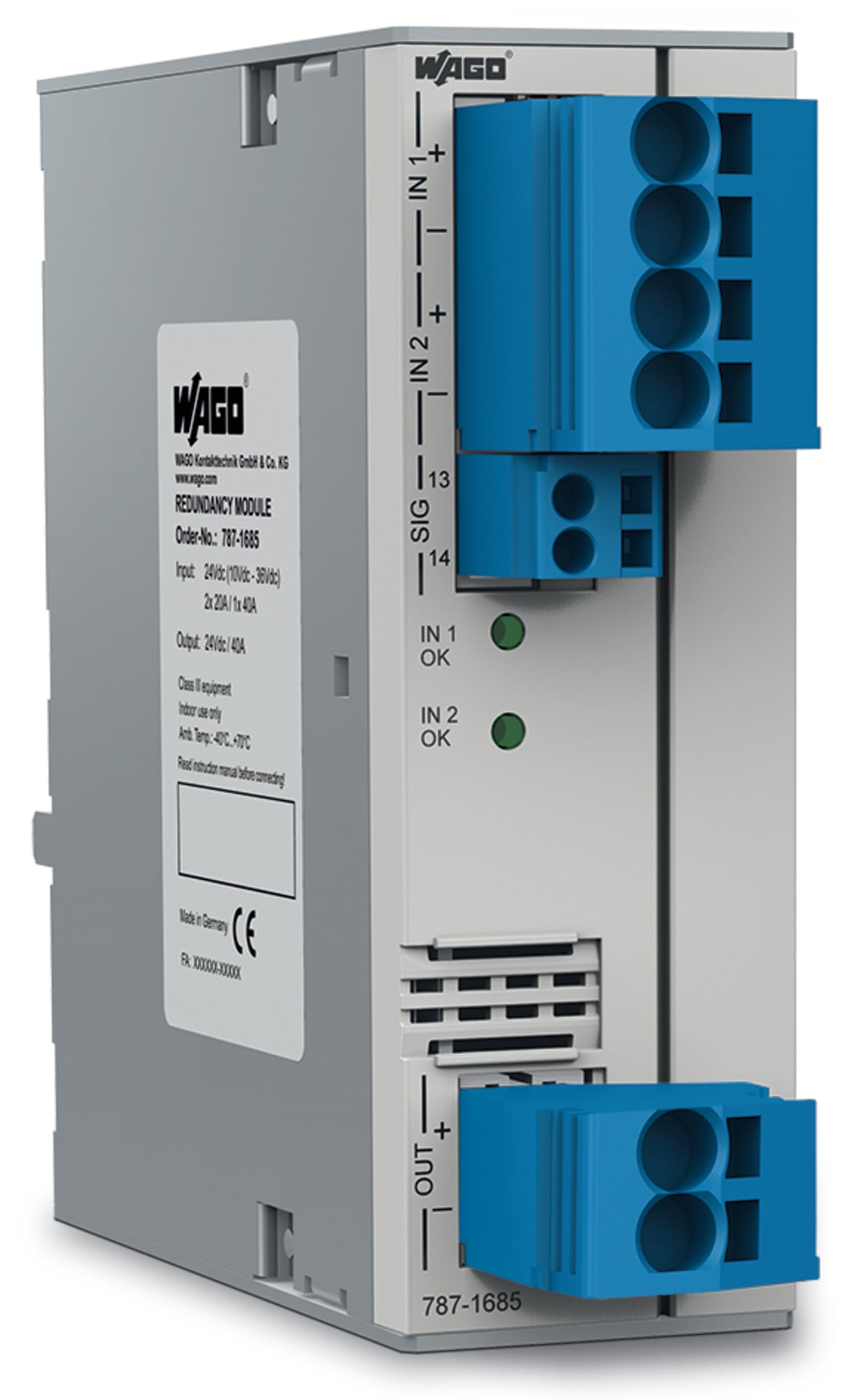 Redundancy Module; 2 x 24 VDC input voltage; 2 x 20 A input current; 24 VDC output voltage; 40 A output current