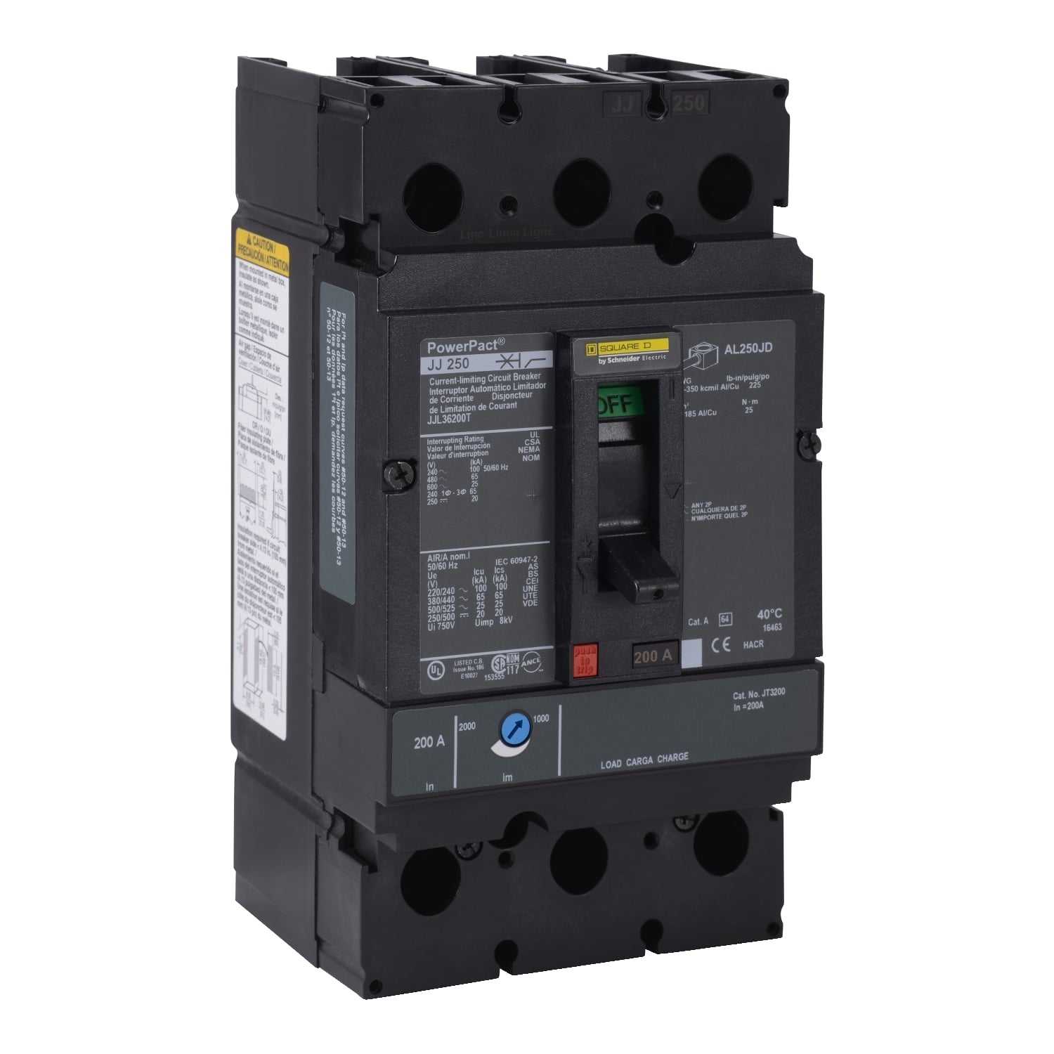 Circuit breaker, PowerPacT J, 200A, 3 pole, 600VAC, 25kA, lugs, thermal magnetic, 80%, interchangeable trip units