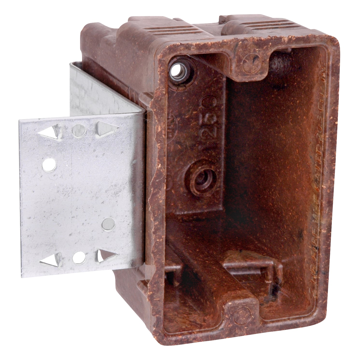 Single-Gang Bracket Outlet Box, Volume 20.3 Cubic Inches, Length 3-5/8 Inches, Width 2-1/4 Inches, Depth 2-3/4 Inches, Color Brown, Material Phenolic, Mounting Means 1/2 Inch Offset Bracket for Wood or Steel Studs