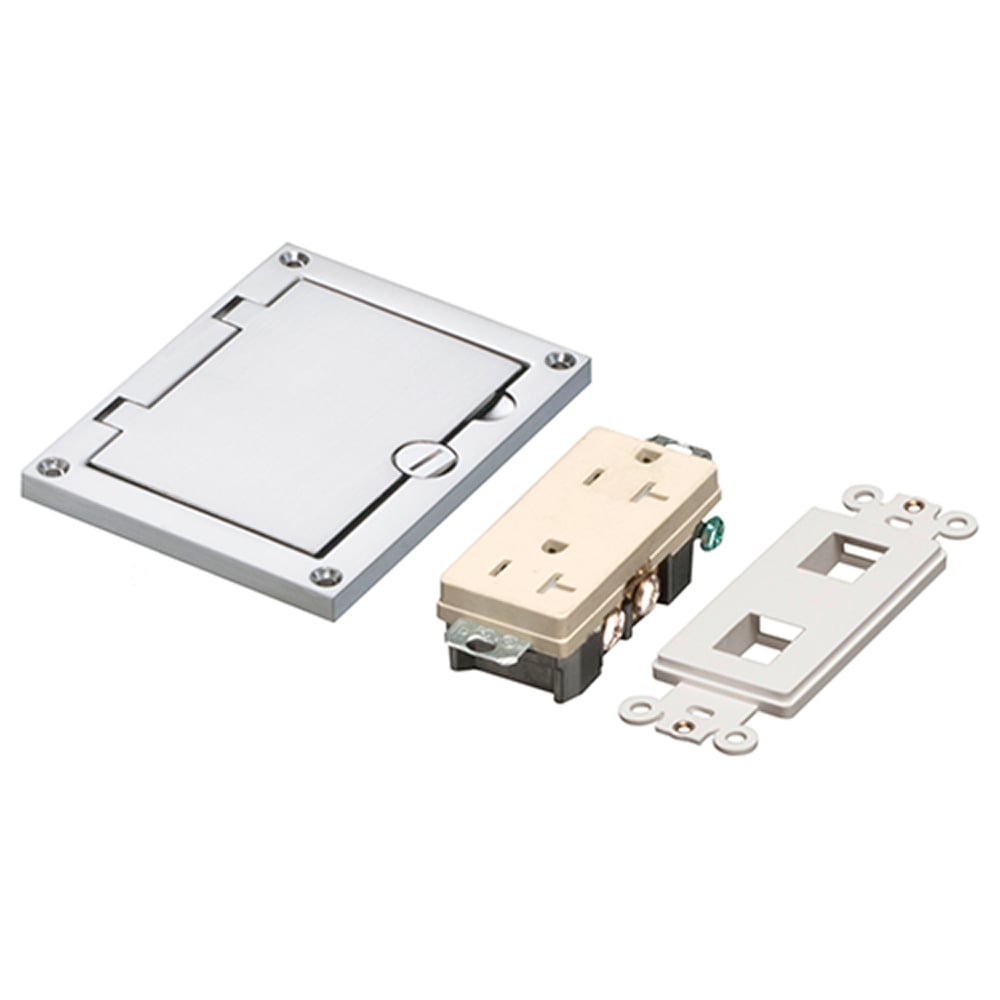 Nickel single gang cover kit with Flip lid cover. Includes (1) 20A decorator style receptacle, (1) gasket.