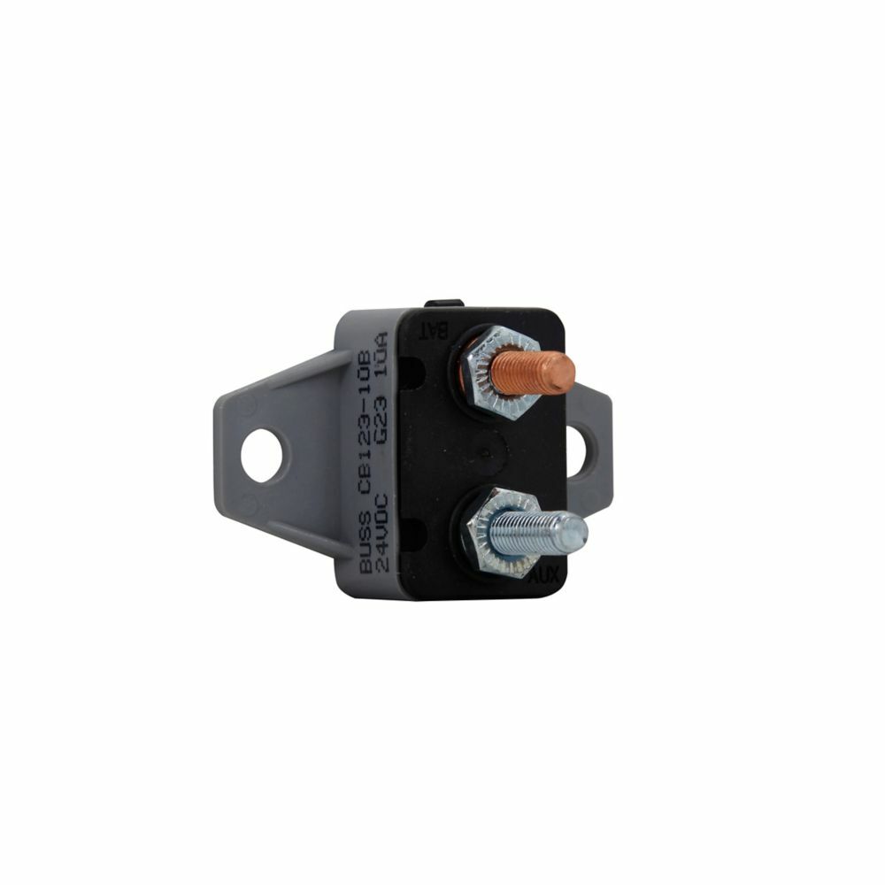 Eaton Bussmann series CB123-B automotive circuit breaker, 22 Vdc, 10A, 1.5 kAIC at 12 Vdc, Automotive, type III, heavy duty, #10-32 TPI stud