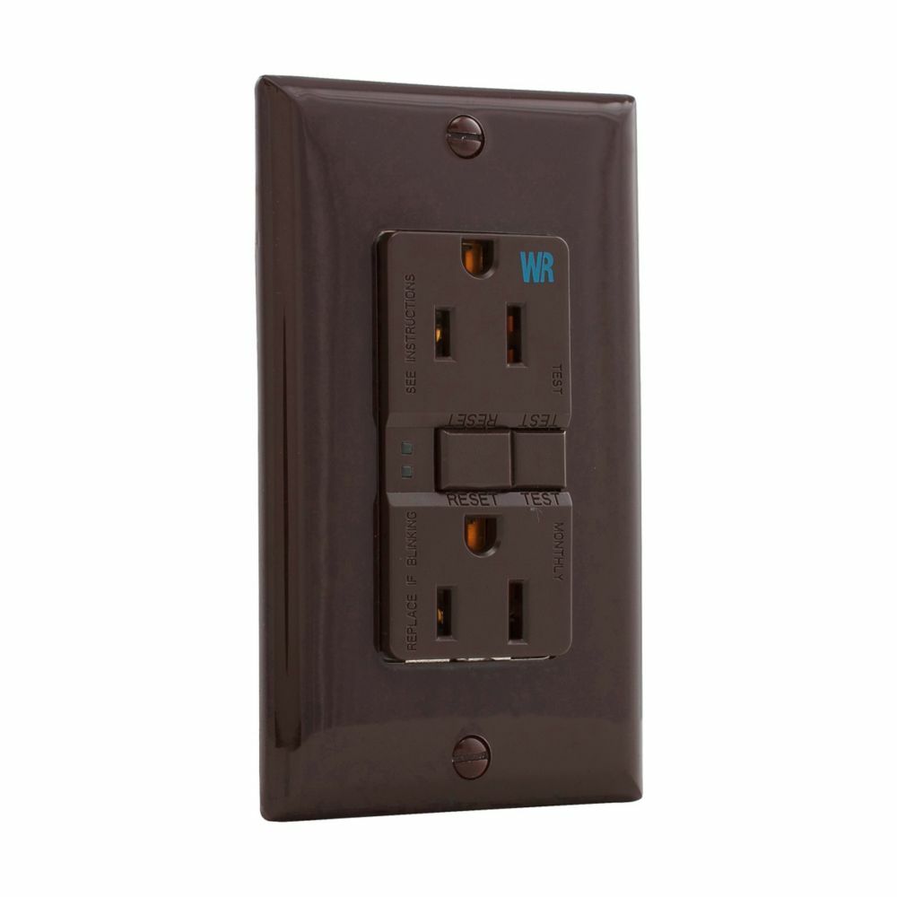 Eaton GFCI receptacle,Weather resistant,Self-test,#14 - 10 AWG,15A,Residential,Commercial,Flush,125 V,GFCI,Back and side wire,Brown,Brass,Receptacle,Weather resistant,Polycarbonate,5-15R,Two-pole,Three-wire,Two-pole, three-wire, grounding