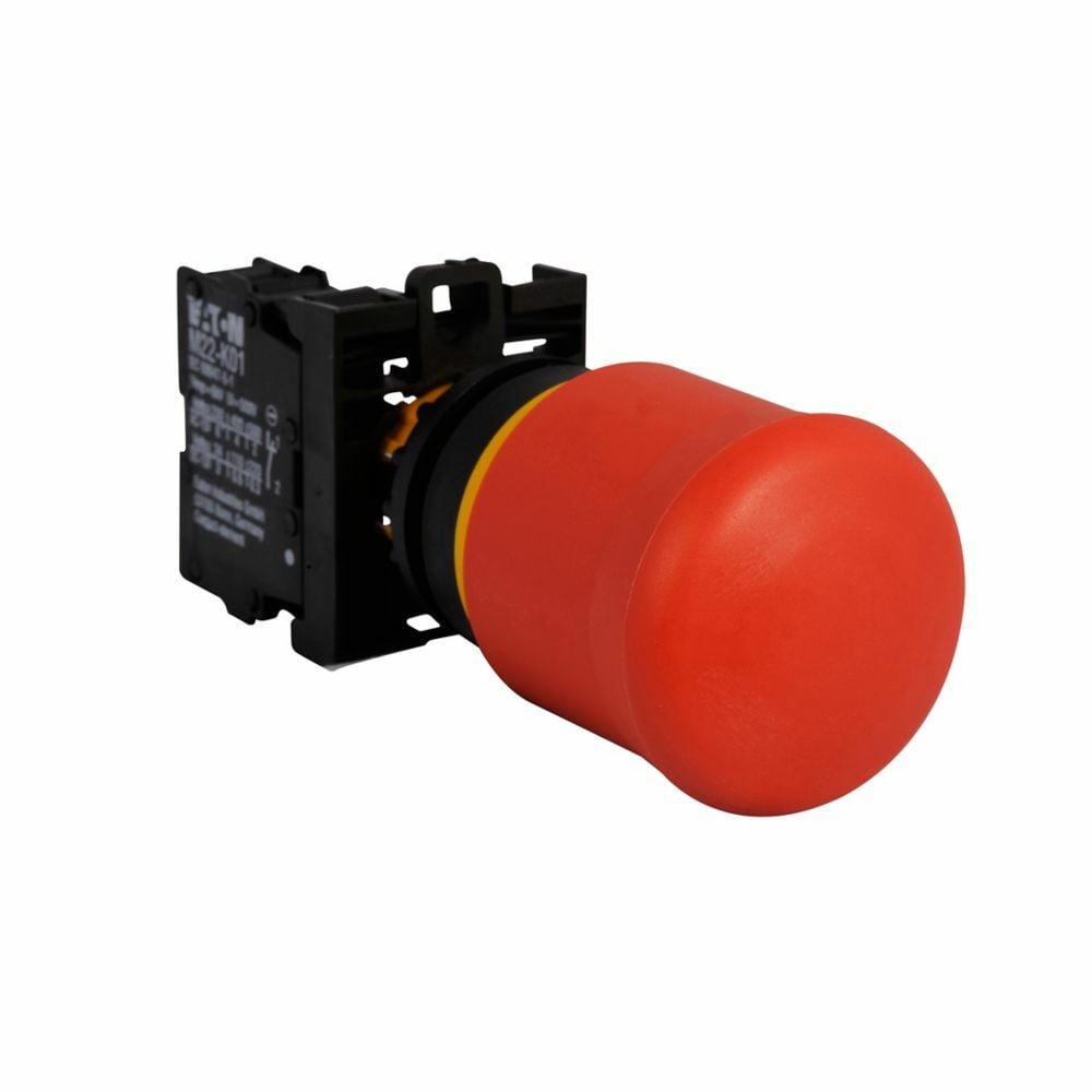Eaton M22 modular pushbutton, M22 Push-Pull Emergency stop, Complete Device, 22.5 mm, Knob, Maintained, Non-illuminated, Bezel: Silver, Button: Red, 1NO-2NC, IP67, IP69K, NEMA 4X, 13