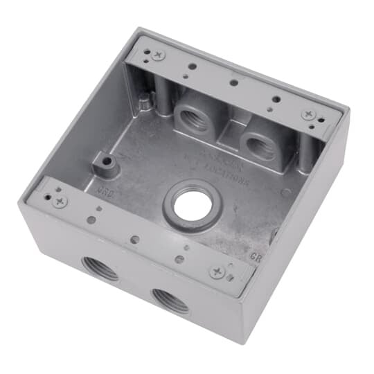 Two Gang Universal Weatherproof Box, 31 Cubic Inches, Hub Size 3/4 Inch, Silver, Aluminum, 5 Outlets with 2 on Top and Bottom and 1 on Back, Pack of 10