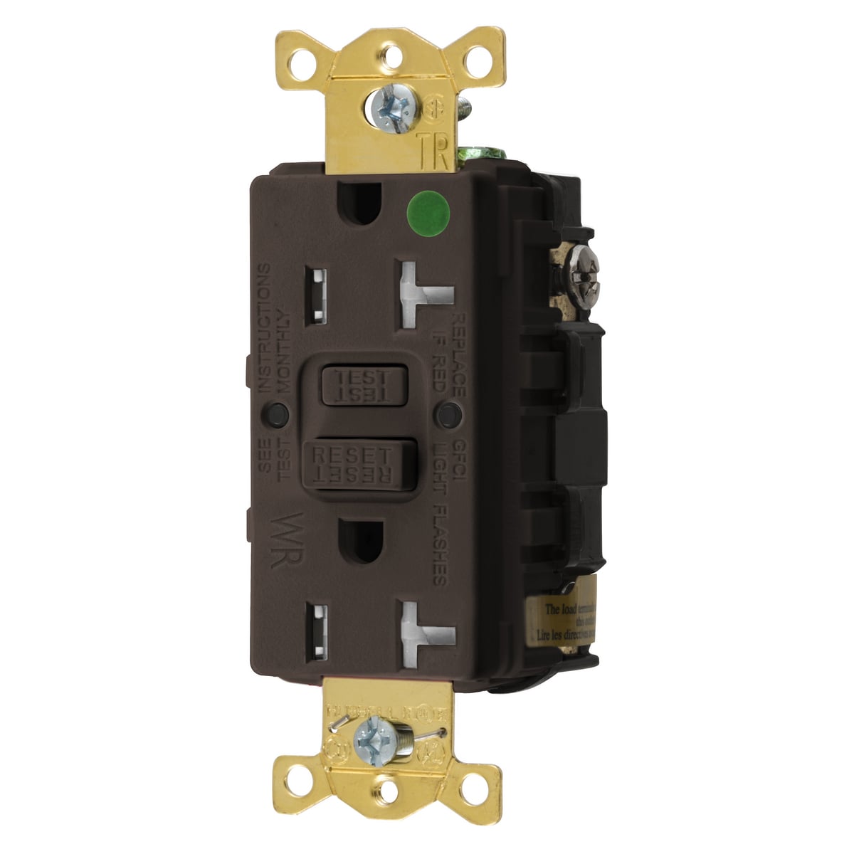 Straight Blade Devices, Receptacle, GFCI, Tamper and Weather Resistant, Commercial Hospital Grade, Self Test, 20A 125V, 2-Pole 3-Wire Grounding, 5-20R, Brown