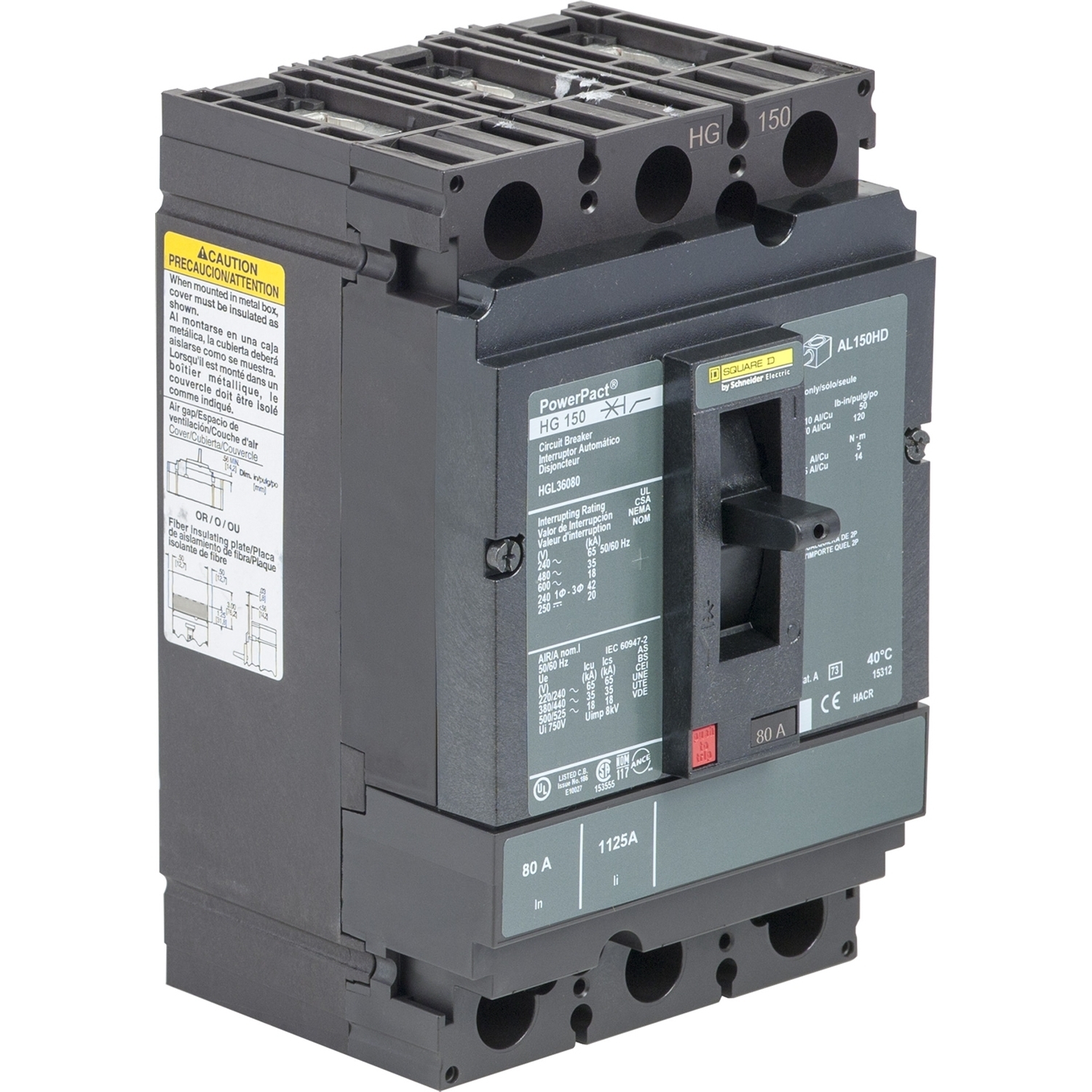 Circuit breaker, PowerPacT H, 80A, 3 pole, 600VAC, 18kA, lugs, thermal magnetic, 100%
