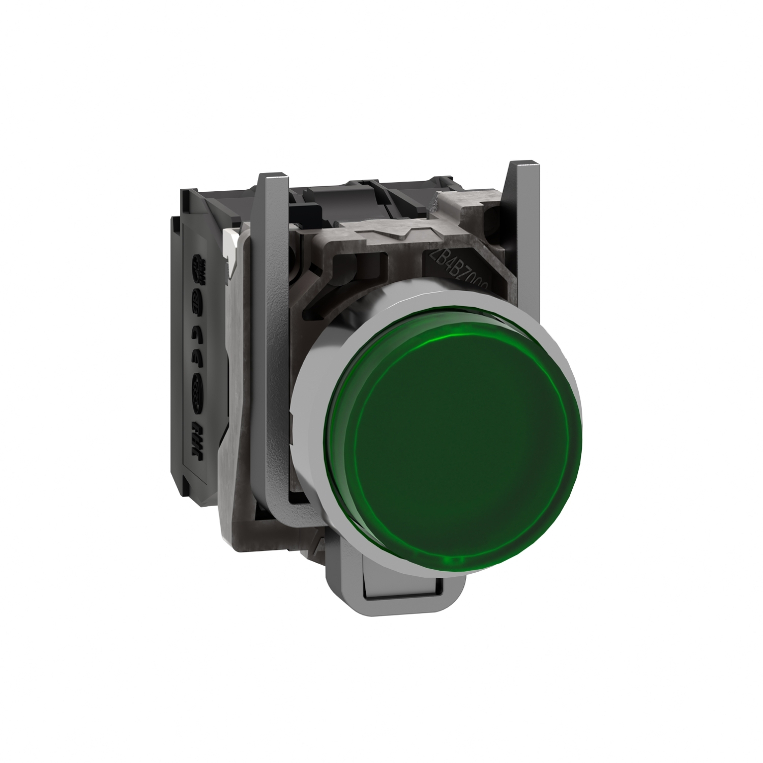 Illuminated push button, Harmony XB4, green flush, universal LED, 22mm, spring return, plain lens, 1NO + 1NC, 110?120V