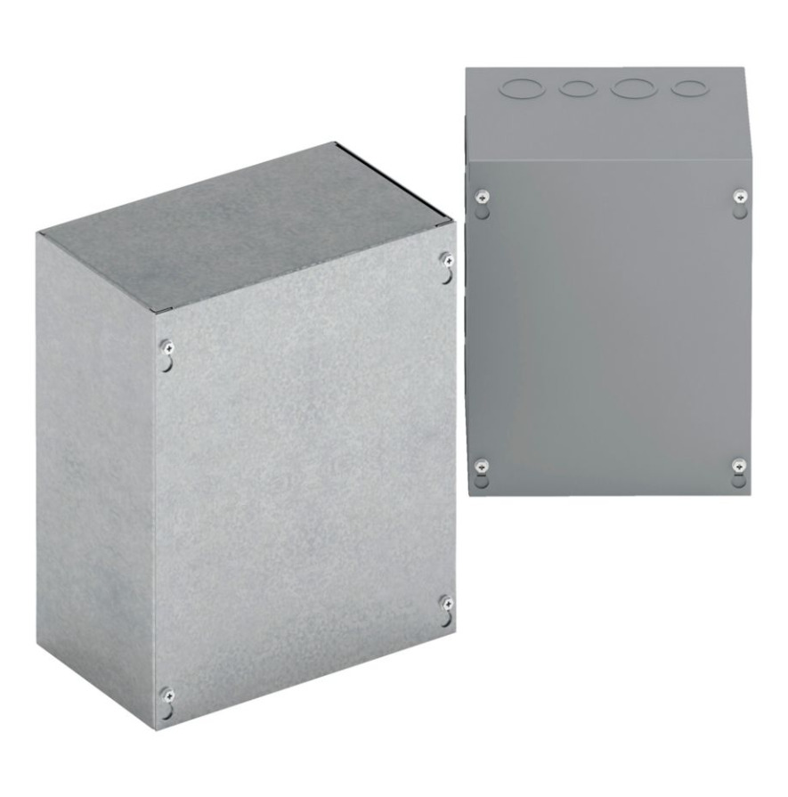 Type 1 junction boxes, 24" height, 4" length, 12" width, NEMA 1, Screw cover, SC enclosure, Surface mounted, Medium single door, 9 side knockouts,5 top-bottom knockouts, Thru holes, Carbon steel