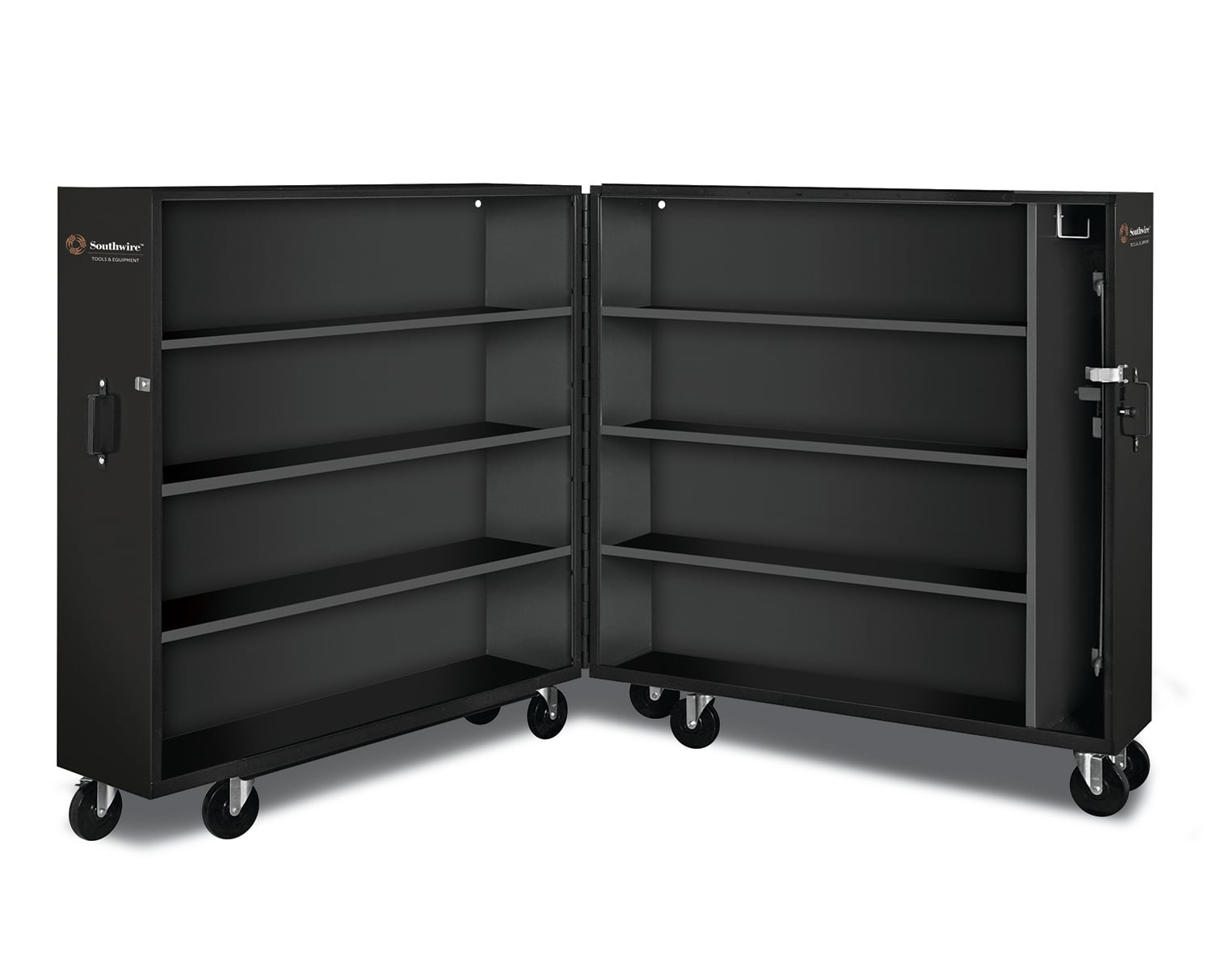 The Southwires Clamshell Cabinet gives you unrestricted access to your tools, materials and equipment. With heavy duty shelves and a single locking point, this cabinet makes it possible to easily access and maximize organization of your materials and equipment. With the Southwire Clamshell Cabinet, there is no better way to control and secure your livelihood. BI-fold cabinet