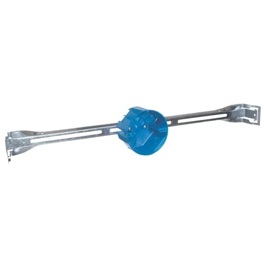 Round Ceiling Box, Volume 20 Cubic Inches, Diameter 4 Inches, Depth 2-1/4 Inches, Color Blue, Material Polycarbonate, Mounting Means 24 Inch T-Grid Bar Hanger