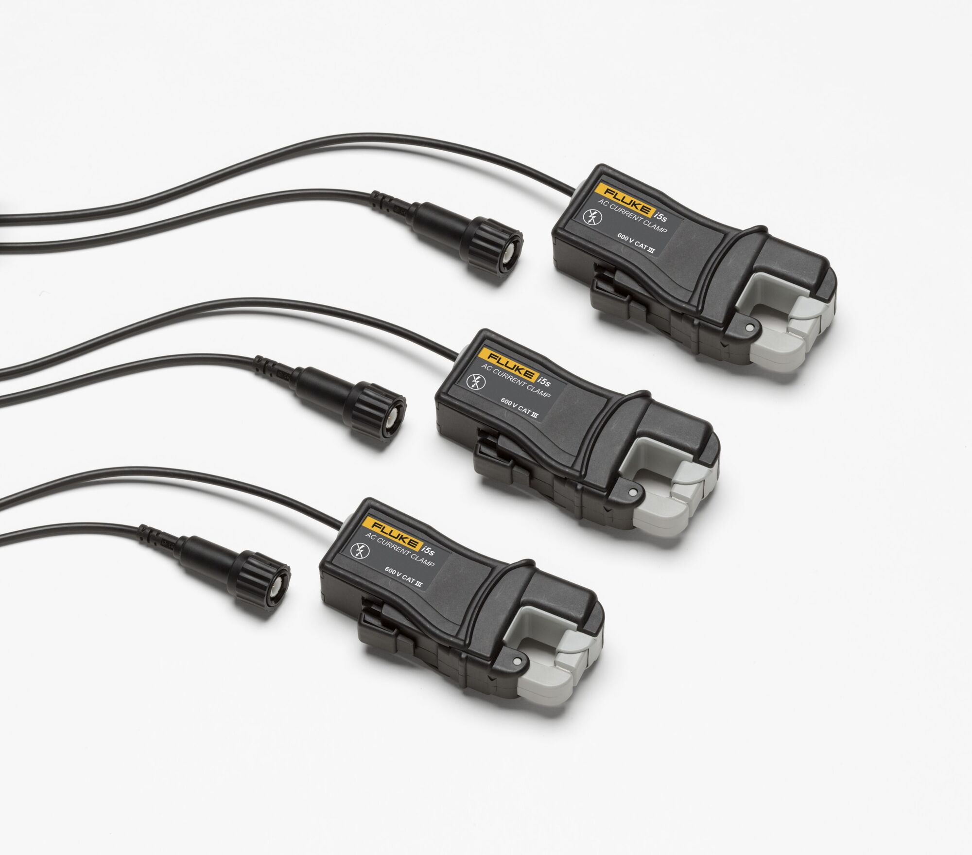 A pack of 3 pieces of the i5s current clamps, specially configured to provide low current accuracy while taking measurements on secondary current transformers. This cost-saving 3-pack is perfect for use with 3-phase tools such as the Fluke 434 or Fluke 435.