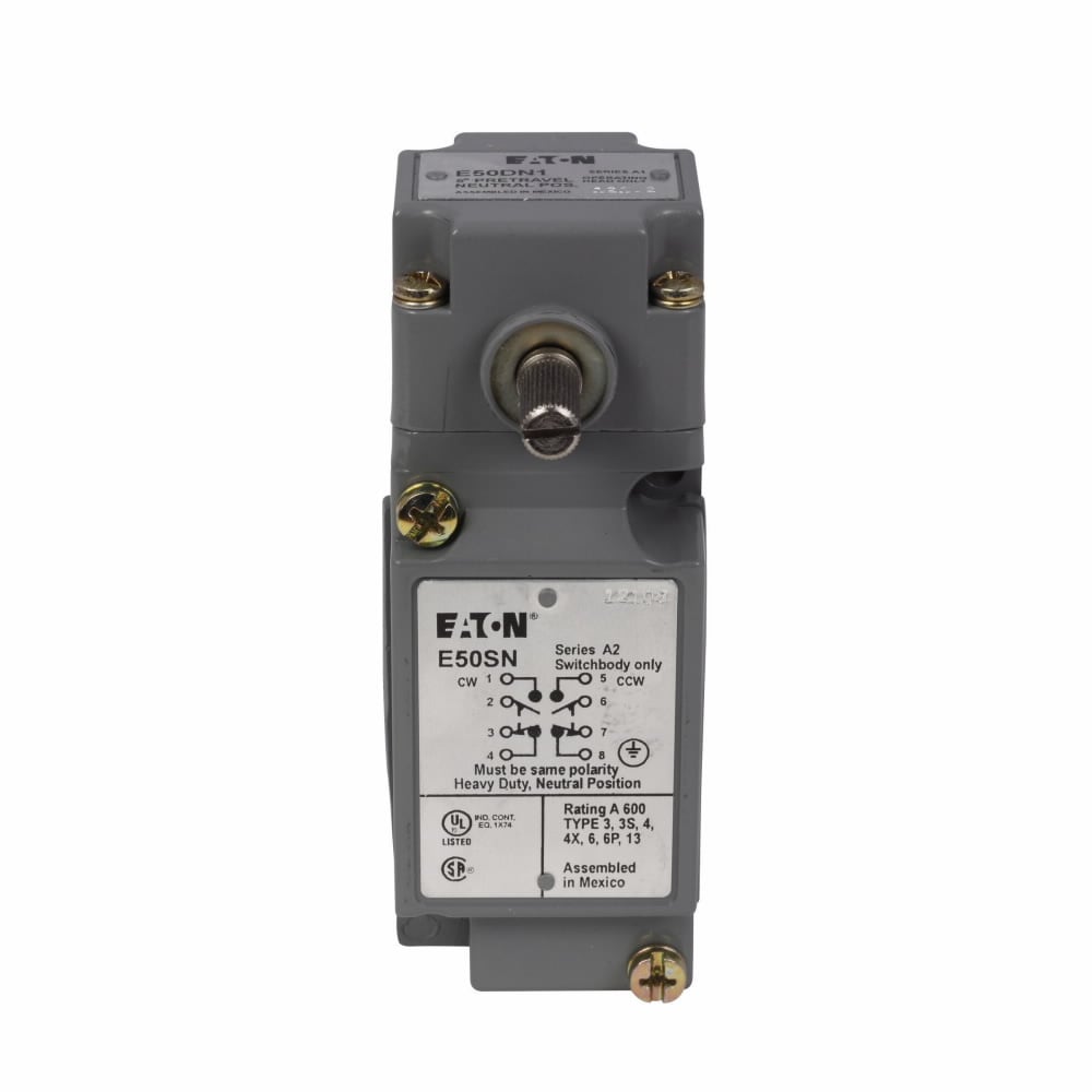 Eaton Special Purpose Limit Switch, E50 Heavy Duty Plug In, Neutral position 5? travel, Screw Terminals, 10A at 12 Vac, 1A at 125 Vdc, 2NO-2NC, 14? to 201?F (-10? to 94?C)