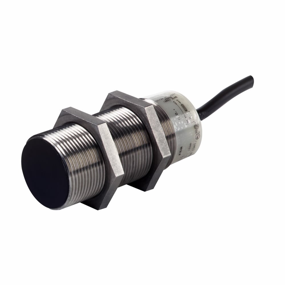 Eaton Premium+ Inductive Proximity Sensor, E57, 10 mm range, Straight, 30 mm, Shielded, 360? viewable LED, 6.6 ft, 250 mA at 250V, <3% sensing range, PVC, 2-wire AC, NO, 20-250V