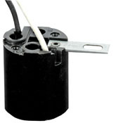 Incandescent Lampholder Phenolic Pan Medium Base,660w-250v,keyless Fixture Socket, Black, Pkd 10 Large Box 100/carton Contractor Packed.with Aluminum Screw Shell,center Contact Stamped S And CSA, Single Leg Bracket 1 7/64 Inches From Center Line Socket To Center Line Of Mounting Hole,two Leads One Black And One White 9 Inches Long 18 AWG, AWM, TEW,105c