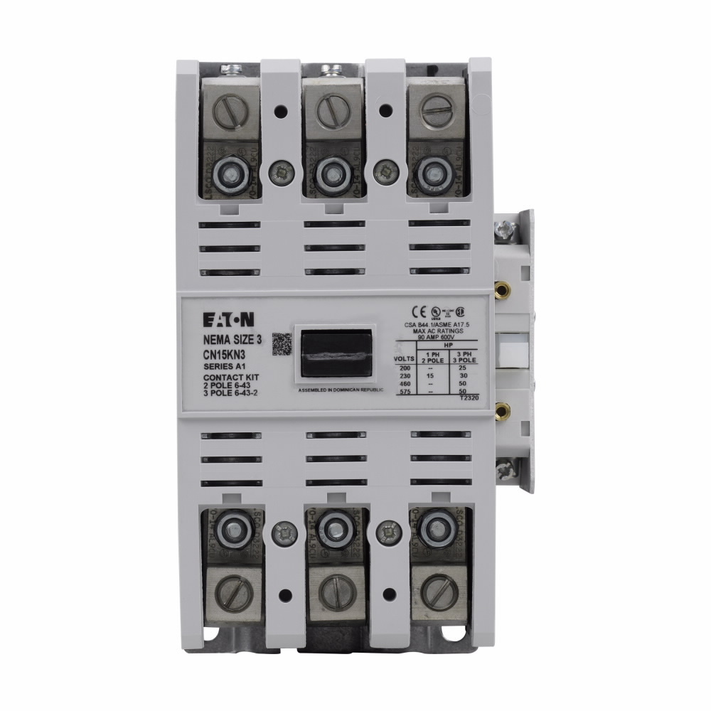 Eaton Freedom NEMA motor control contactor, NEMA Freedom Series Non-Reversing contactor, 25 hp at 208V, 30 hp at 240V, 50 hp at 480,600V maximum horsepower, 120V/60 Hz or 110V/50 Hz coil voltage, 90A, Three-pole, Size 3