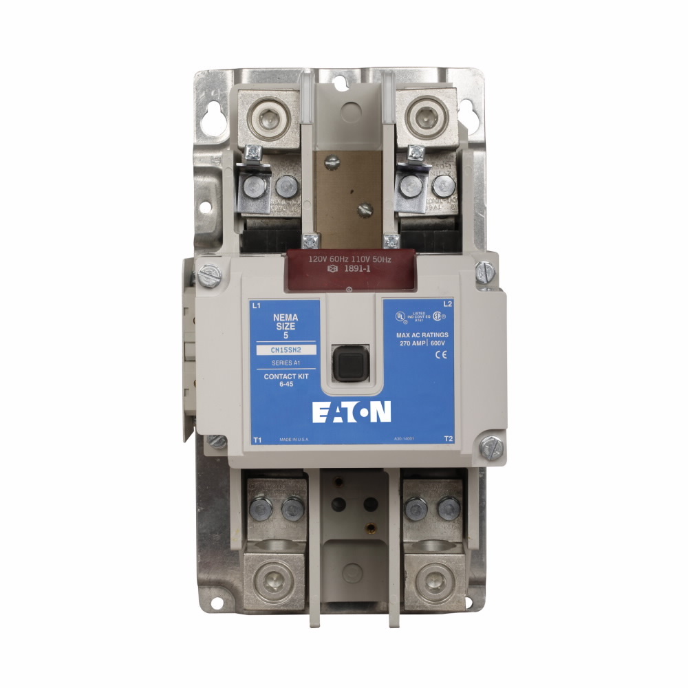 Eaton Freedom NEMA motor control contactor, NEMA Freedom Series Non-Reversing contactor, 75 hp at 208V, 100 hp at 240V, 200 hp at 480,600V maximum horsepower, 120V/60 Hz or 110V/50 Hz coil voltage, 270A, Three-pole, Size 5