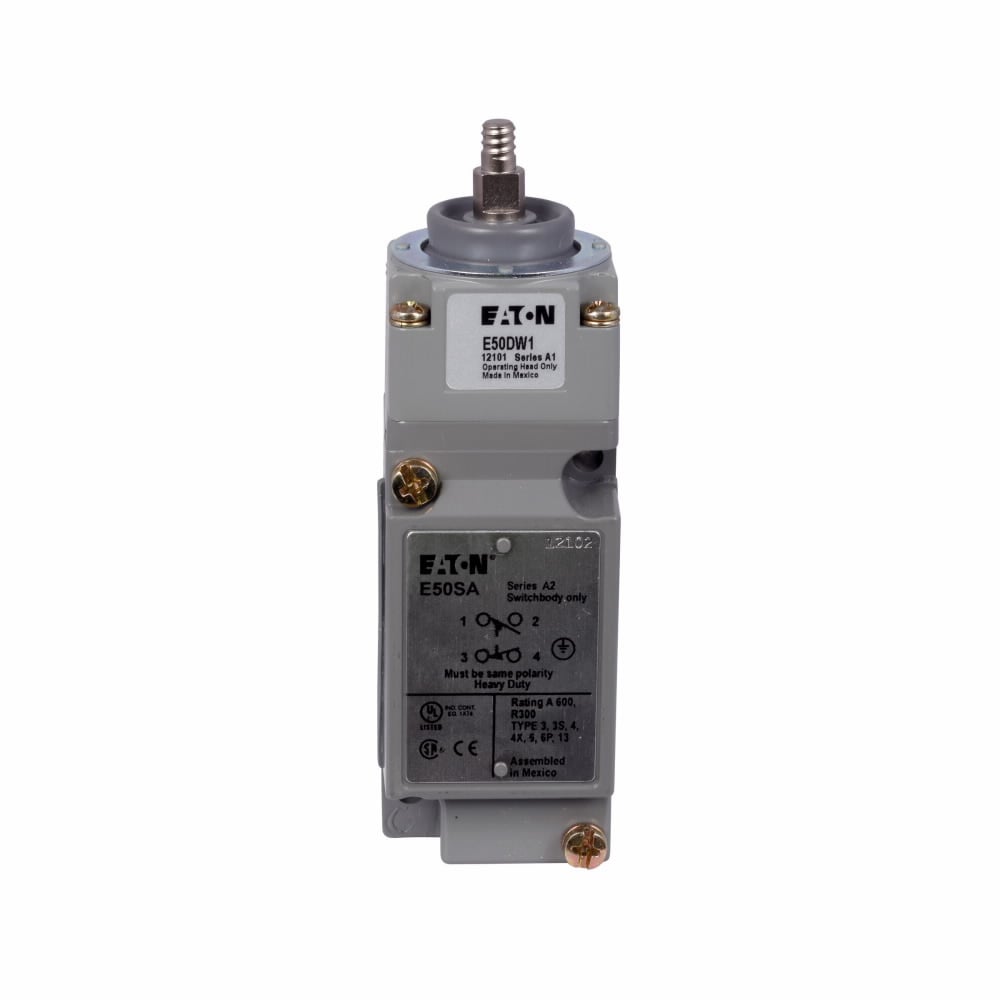 Eaton E50 NEMA heavy duty plug-in limit switch,Assembly,Screw Terminals,10A at 240 Vac,1A at 250 Vdc,Wobble head,spring return,1NO-1NC,Die cast zinc,NEMA 1,3,3S,4,4X,6,6P,13,IP67,10A continuous,1A,14? to 201?F (-10? to 94?C),E50
