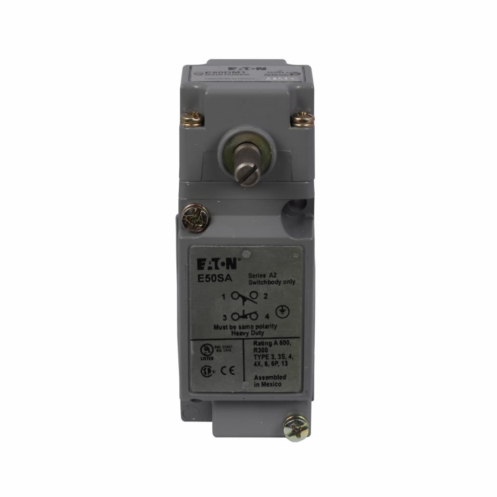 Eaton E50 NEMA heavy duty plug-in limit switch,Assembly,Screw Terminals,10Aat240 Vac,1Aat250 Vdc,Side rotary,Maintnd two-position,1NO-1NC,Die cast zinc,NEMA 1,3,3S,4,4X,6,6P,13,IP67,10A contin,1A,14?to201?F(-10?to94?C)