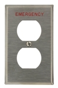 1-Gang Duplex Device Receptacle Wallplate, Device Mount, Engraved Emergency, Stainless Steel