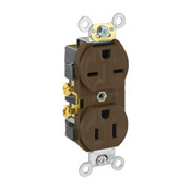 15 Amp, 125/250 Volt, Narrow Body Duplex Receptacle, Straight Blade, Commercial Grade, Self Grounding, Dual Voltage, Brown