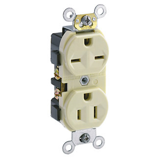 15 Amp, 125/250 Volt, Narrow Body Duplex Receptacle, Straight Blade, Commercial Grade, Self Grounding, Dual Voltage, Ivory