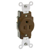 15 Amp, 125 Volt, NEMA 5-15R, 2P, 3W, Narrow Body Single Receptacle, Straight Blade, Commercial Grade, Grounding, , , Back & Side Wired, Steel Strap, - Brown