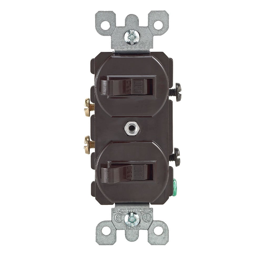 15 Amp, 120/277 Volt, Duplex Style Single-Pole / Single-Pole AC Combination Switch, Grounding, Brown