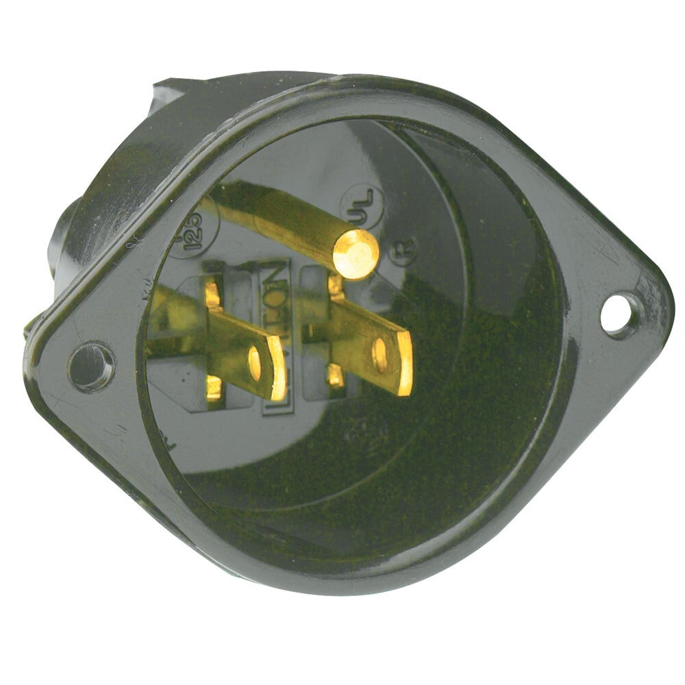 15 Amp, 125 Volt, Flanged Inlet Receptacle, Straight Blade, Commercial Grade, Grounding, Back Wired, Black