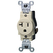20 Amp, 125 Volt, NEMA 5-20R, 2P, 3W, Narrow Body Single Receptacle, Straight Blade, Commercial Grade, Grounding, , , Side Wired, Steel Strap, - Brown