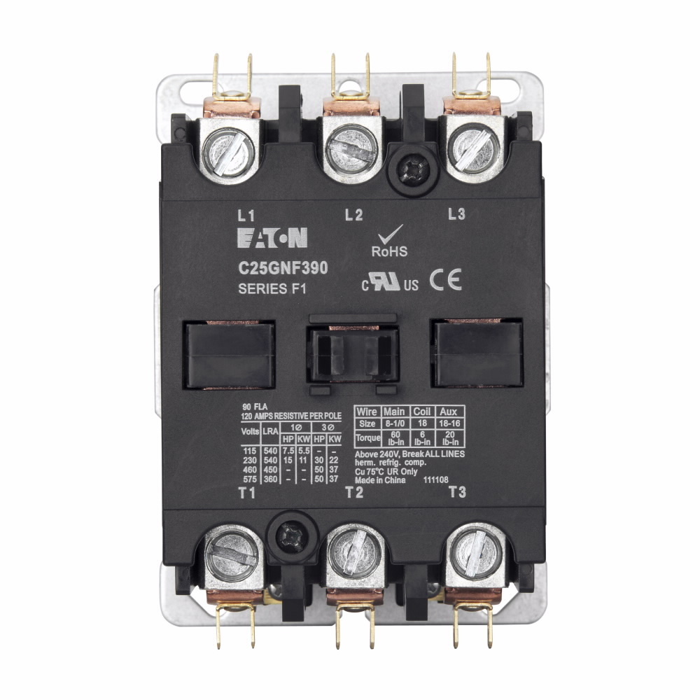 C25 Definite Purpose Control Contactor, F1, Open, Non-reversing, Three-pole, Mounting plate, 90A, two- and three-pole, Box lugs (posidrive setscrew), 90A, 208-240 Vac, 50/60 Hz, Quick connect (side-by-side), Individual pkg.