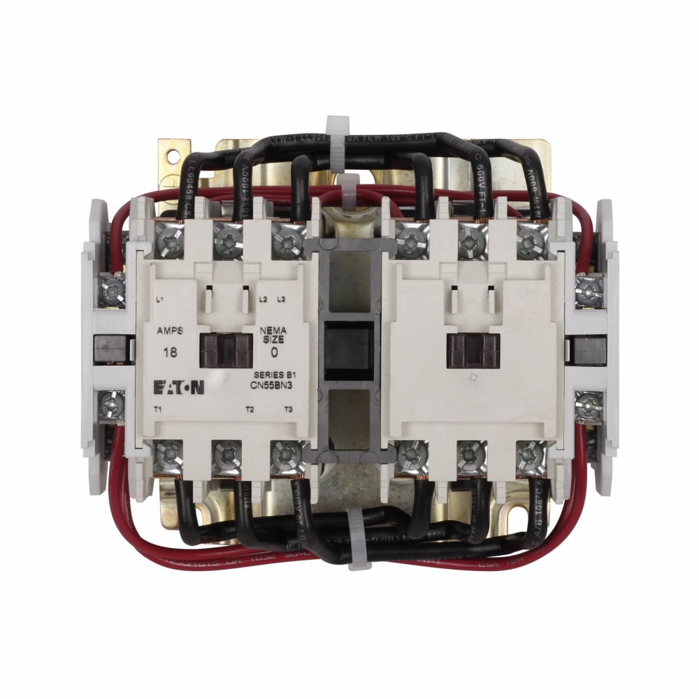 Eaton Freedom NEMA motor control contactor, NEMA Freedom Series Reversing contactor, 1 hp at 115V, 2 hp at 230V, 3 hp at 208,240V, 5 hp at 480,600V maximum horsepower, 120V/60 Hz or 110V/50 Hz coil voltage, 18A, Three-pole, Size 0