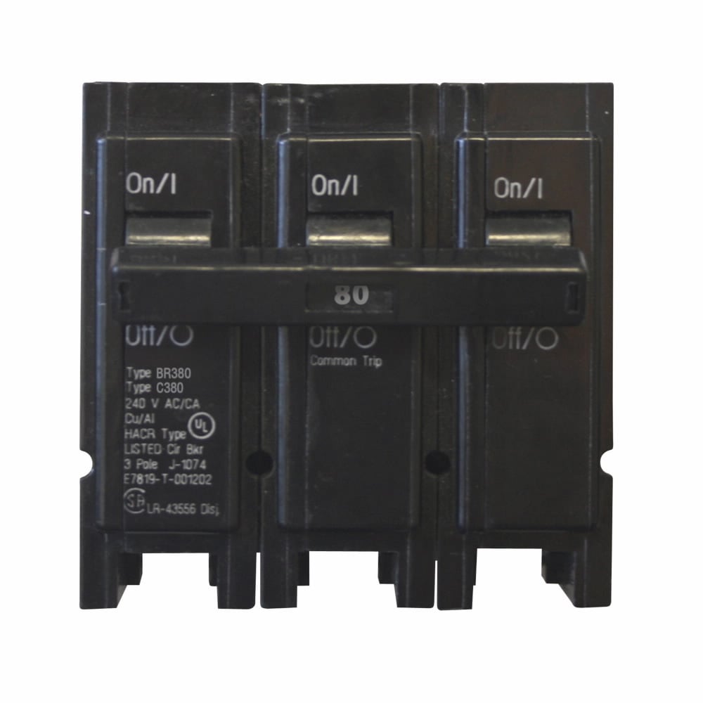 Eaton BR thermal magnetic circuit breaker,Type BR 1-Inch plug-on circuit breaker,80 A,10 kAIC,Three-pole,240V,BR,Common breaker trip,#4-1/0 AWG Cu/Al,Q28,BR,Type BR Loadcenters