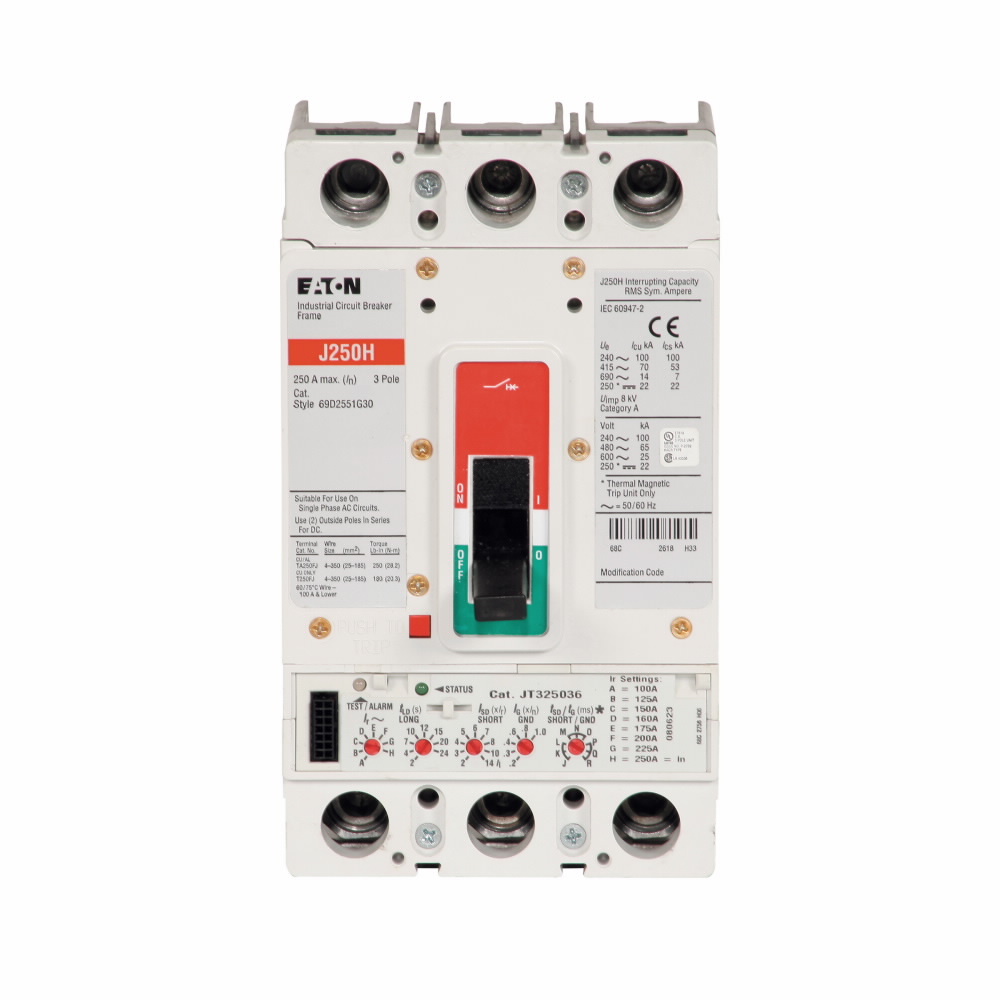 Eaton Series G molded case circuit breaker, JG-frame, JG, Fixed thermal, adjustable magnetic trip, Three-pole, 100 A, 600 Vac, 250 Vdc, 100 kAIC at 240 Vac, 65 kAIC at 480 Vac, 25 kAIC at 600 Vac, Line and load, 50/60 Hz