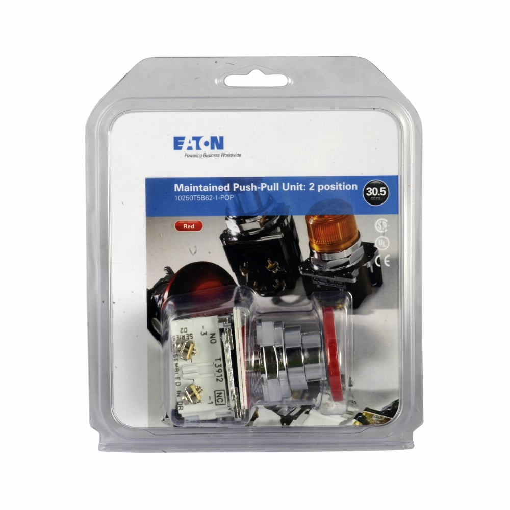 Eaton 30.5 mm Heavy-Duty Watertight/Oiltight Push-Pull Unit,Factory Assembled,Class I Division 2,Standard Actuator (button),Red,Plastic Bus,1NO-1NC,Non-illuminated,Two-position,Maintained push and pull,40 mm button,10250T Series