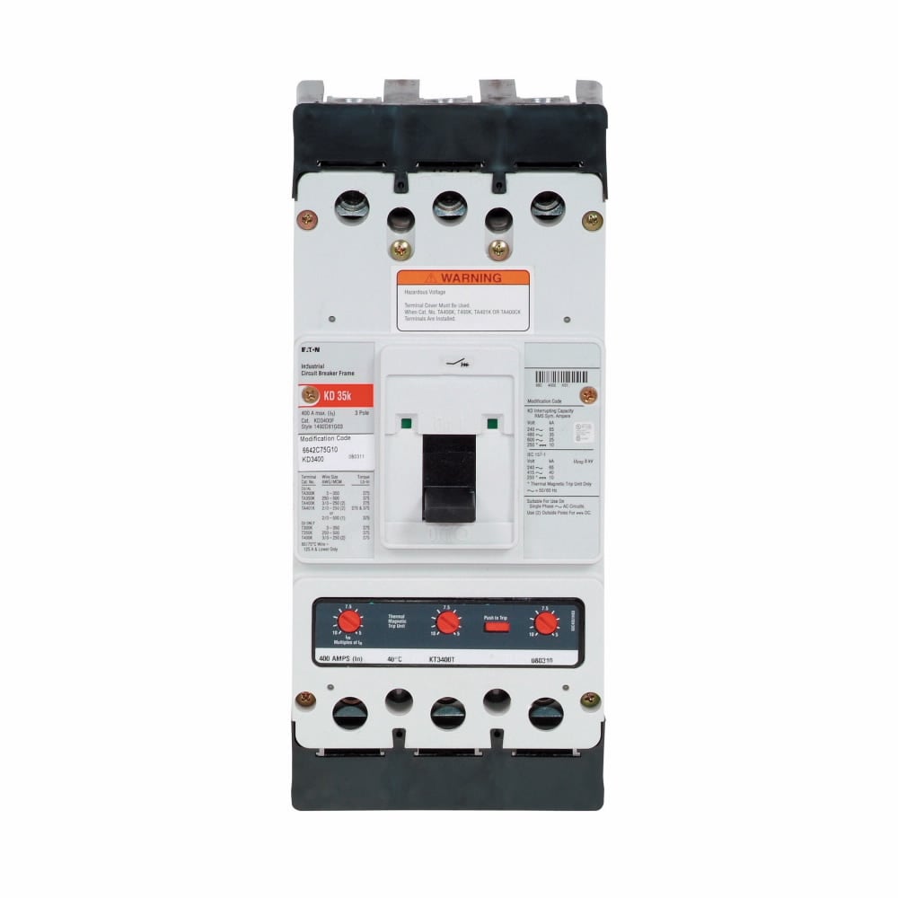 Eaton Series C complete molded case circuit breaker, K-frame, KD, Electronic LSI trip, 125A, Three-pole, 400A, 600 Vac, 250 Vdc, 65 kAIC at 240 Vac, 35 kAIC at 480 Vac, Line side, optional load side, Single-pole imperial mounting base