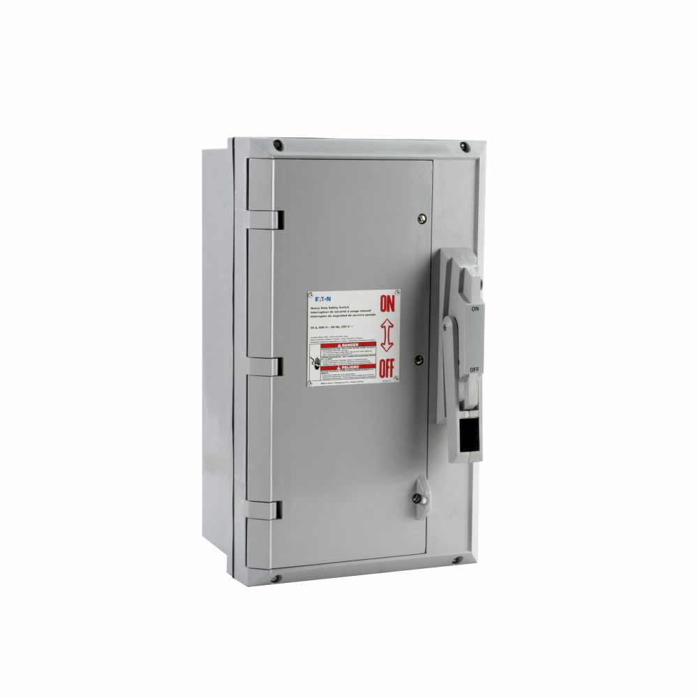 Eaton Heavy duty single-throw non-fused safety switch, Single-throw, 100 A, NEMA 4X, Non-metallic, Non-Fusible, Three-pole, Three-wire, 20 at 240 Vac TD 1 Ph, 40 at 480 Vac TD 1 Ph, 50 at 600 Vac TD 1 Ph, 40 at 240 Vac TD 3 Ph