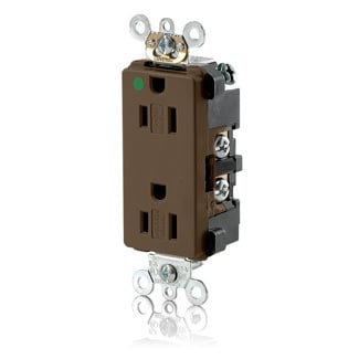 15 Amp, 125 Volt, Decora Plus Duplex Receptacle, Straight Blade, Hospital Grade, Self Grounding, Tamper Resistant, Brown