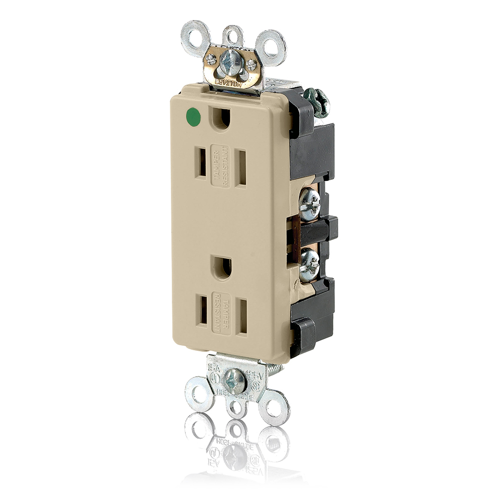15 Amp, 125 Volt, Decora Plus Duplex Receptacle, Straight Blade, Hospital Grade, Self Grounding, Tamper Resistant, Ivory
