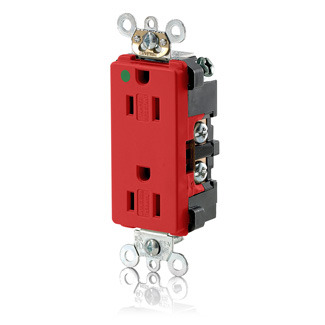 15 Amp, 125 Volt, Decora Plus Duplex Receptacle, Straight Blade, Hospital Grade, Self Grounding, Tamper Resistant, Red