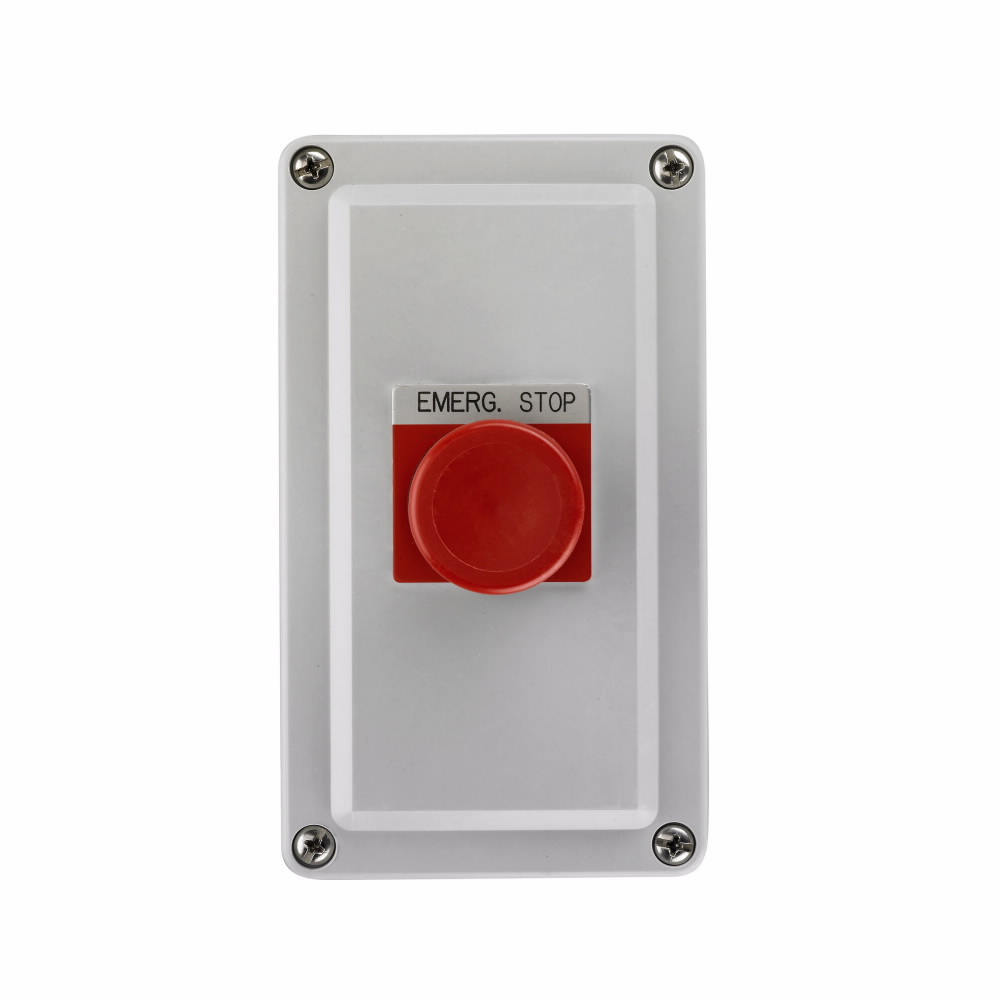Eaton 10250T pushbutton, Class I Division 2, NEMA 4, 4X, 12, 13, NEC Class I Division 2, Groups B, C and D, Two-position, Maintained, Push-pull, jumbo mushroom head, Red actuator, Die cast enc., EMER. STOP (engraved button), 1NO-1NC